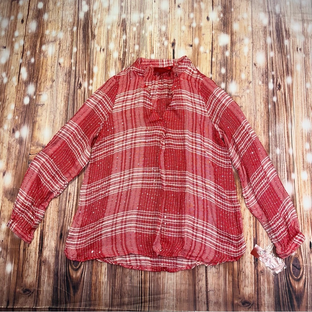 NWT Jennifer Lopez Women’s Red & White Sparkles Plaid Blouse Long Sleeve Size XS